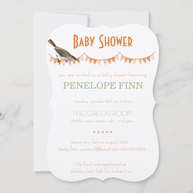 Peach Green Bunting Bird Baby Shower Invitation (Front)