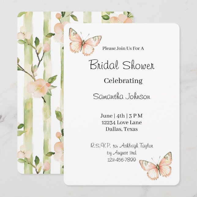 Peach Green Butterflies Floral Bridal Shower   Invitation (Front/Back)