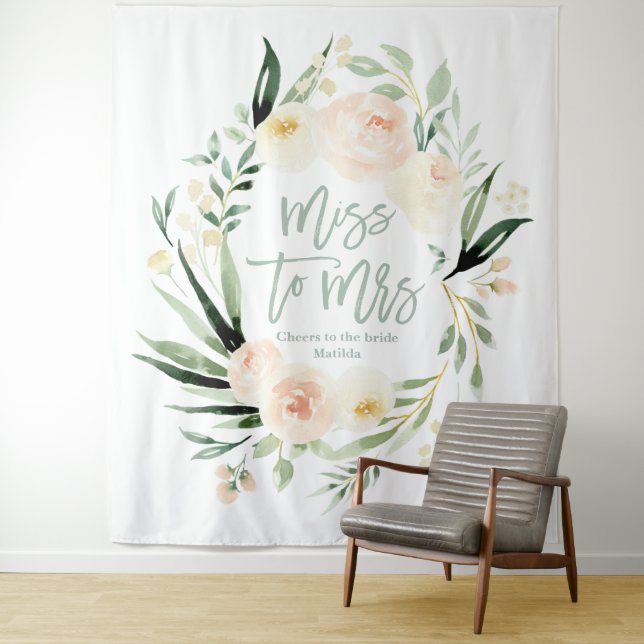 Peach green floral bridal shower Miss to Mrs Tapestry (In Situ)