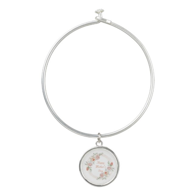 Peach Green Floral Elegant Happy Mother's Day  Bangle Bracelet (Front)