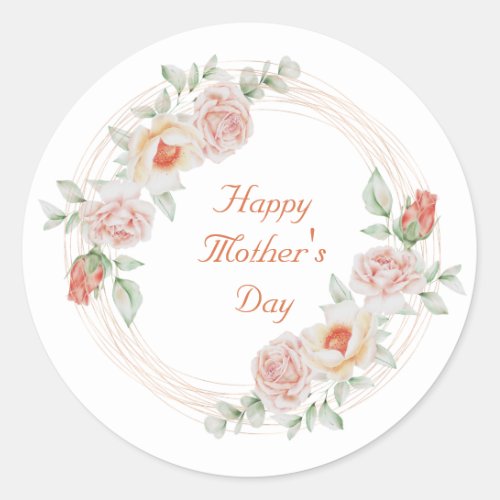 Peach Green Floral Elegant Happy Mothers Day  Classic Round Sticker