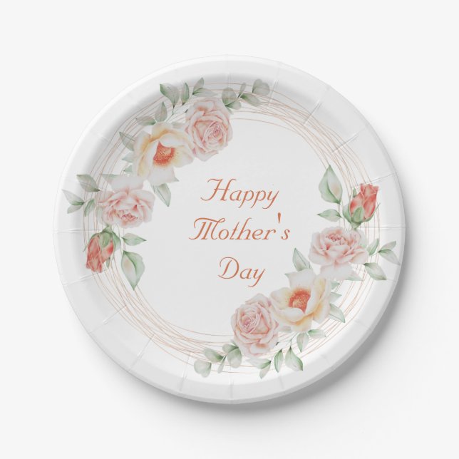Peach Green Floral Elegant Happy Mother's Day  Paper Plates (Front)