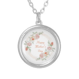 Peach Green Floral Elegant Happy Mother's Day Silver Plated Necklace