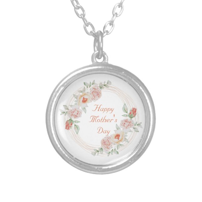 Peach Green Floral Elegant Happy Mother's Day Silver Plated Necklace (Front)