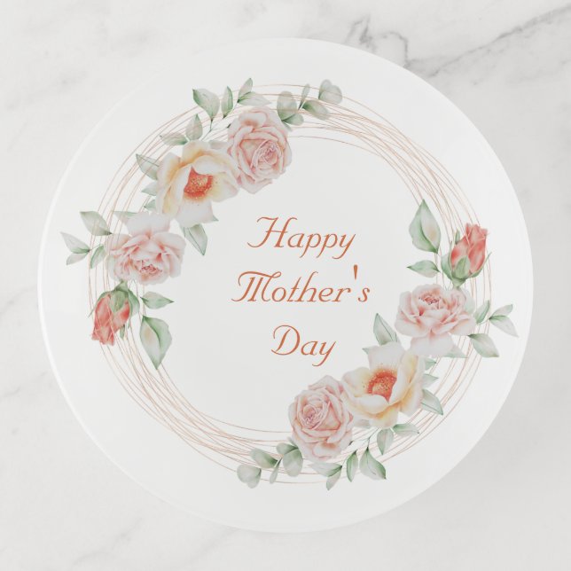 Peach Green Floral Elegant Happy Mother's Day Trinket Tray (Front)