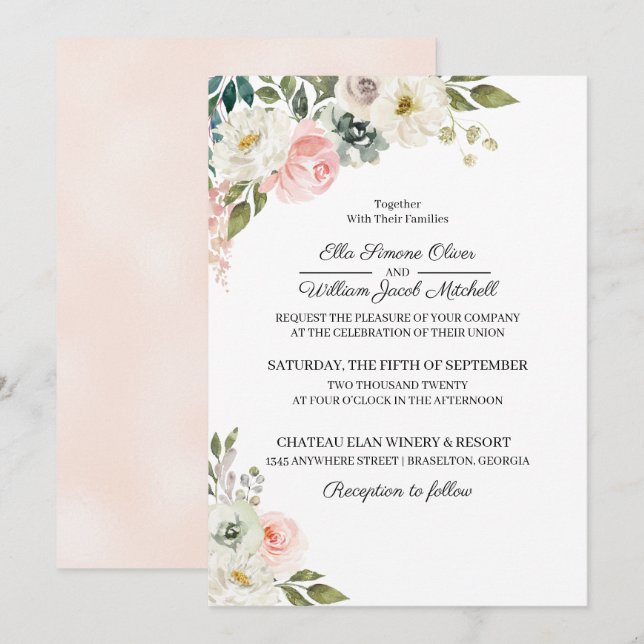 Peach & Green Floral Wedding Invitation (Front/Back)