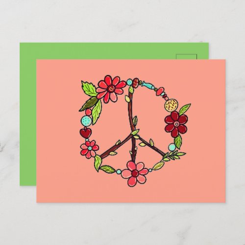 Peach  green flower vine peace sign postcards