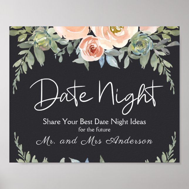 Peach Green Navy Pastel Floral Date Night Sign (Front)