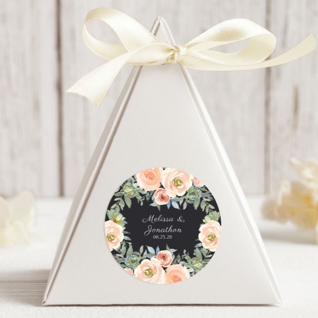 Peach Green Navy Pastel Floral Wedding Classic Round Sticker (Creator Uploaded)