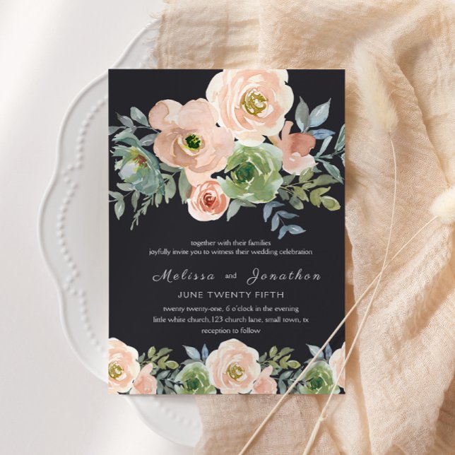 Peach Green Navy Pastel Floral Wedding Invitation (Creator Uploaded)