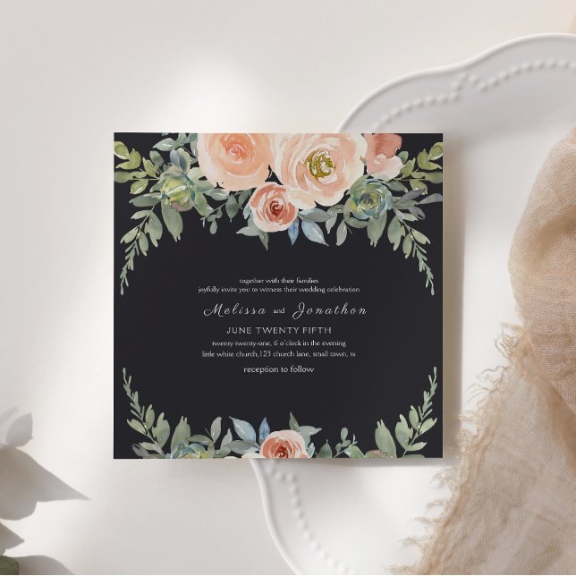 Peach Green Navy Pastel Floral Wedding Invitation (Creator Uploaded)