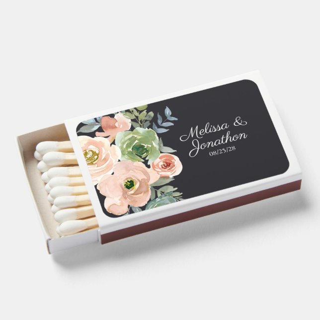 Peach Green Navy Pastel Floral Wedding Matchboxes (Front Open)