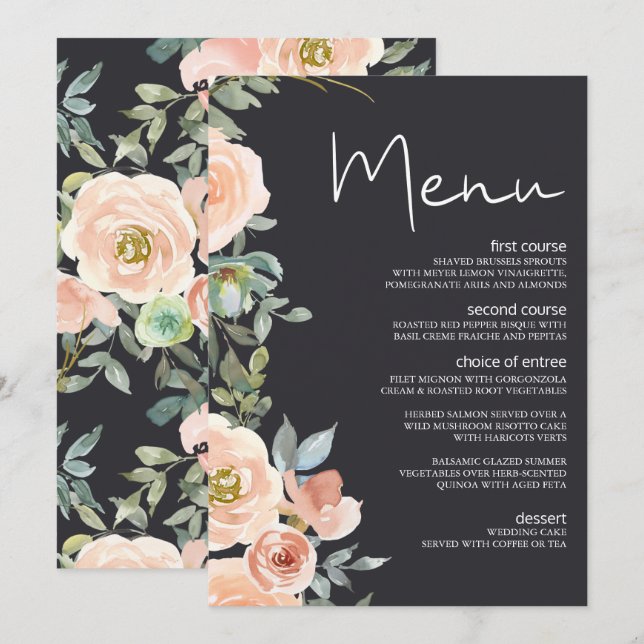 Peach Green Navy Pastel Floral Wedding Menu (Front/Back)