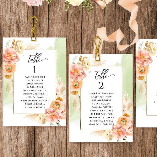 Peach Green Seating Plan Cards with Guest Names