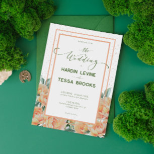 Peach Green Simple Floral Wedding Invitation