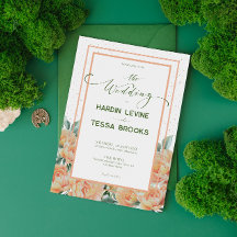 Peach Green Simple Floral Wedding Invitation