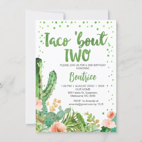 Peach Green Taco Bout Two 2nd Birthday Invitation