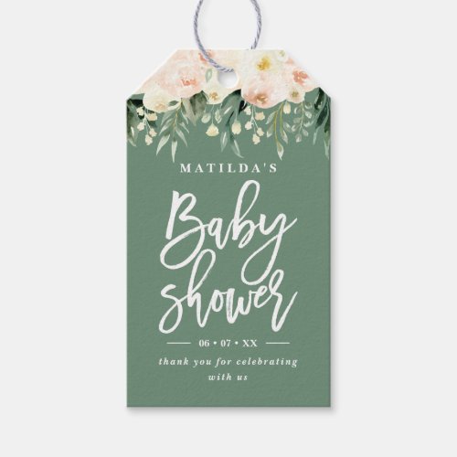 Peach green watercolor floral baby shower gift tags