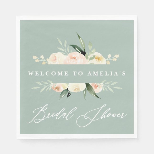 Peach + green watercolor floral bridal shower napkins (Front)