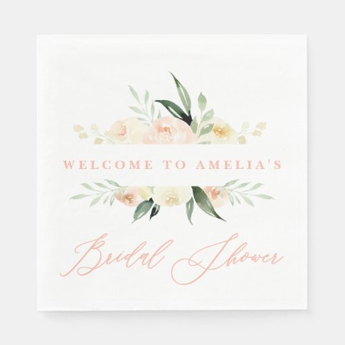 Peach  green watercolor floral bridal shower napkins