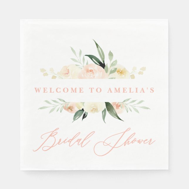 Peach + green watercolor floral bridal shower napkins (Front)