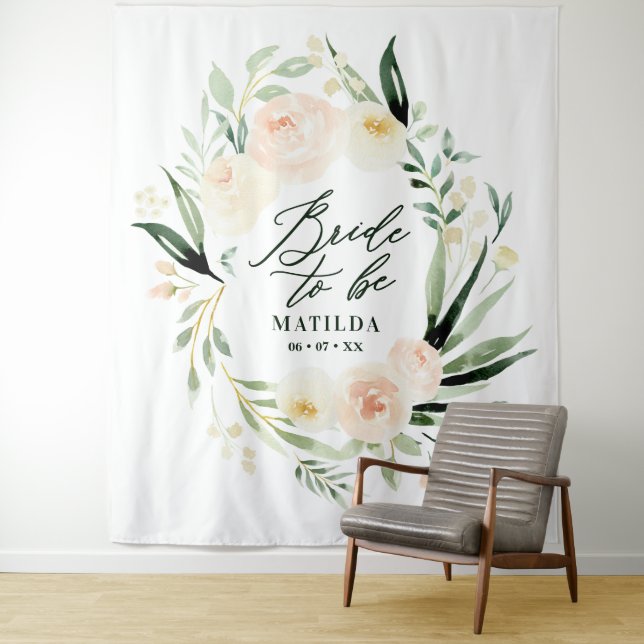 Peach + green watercolor floral bride to be tapestry (In Situ)