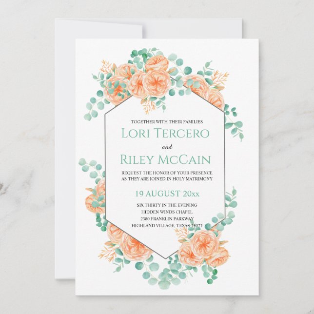 Peach Green Watercolor Floral Eucalyptus Wedding Invitation (Front)