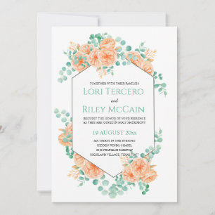 Peach Green Watercolor Floral Eucalyptus Wedding Invitation