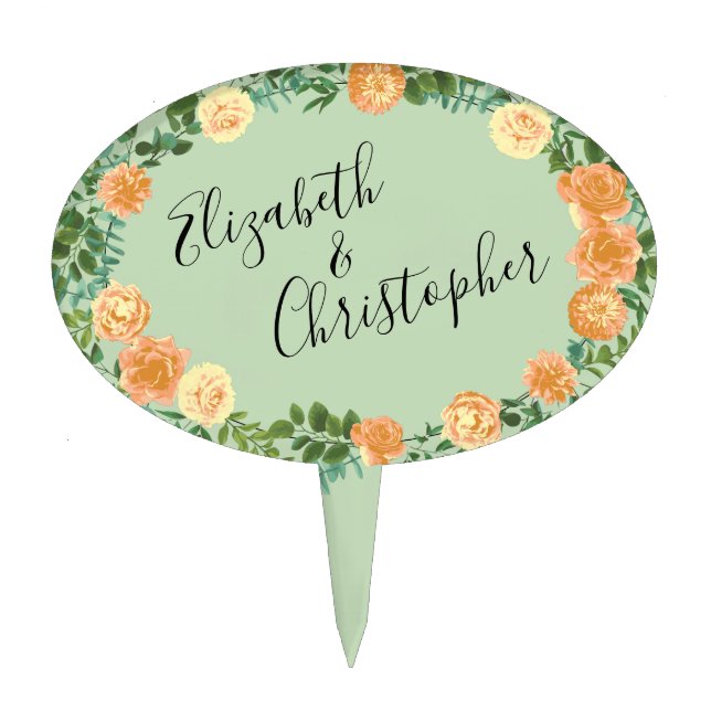 Peach Green Wedding Spring Pastel Floral Cake Topper (Front)