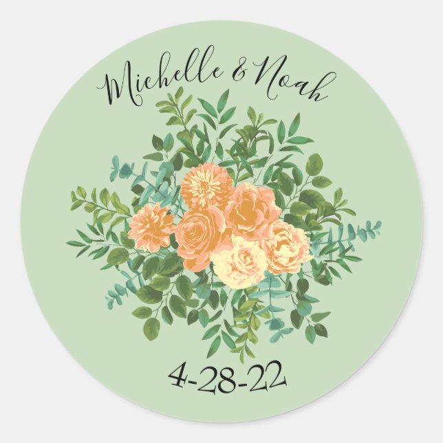 Peach Green Wedding Spring Pastel Floral Classic Round Sticker (Front)