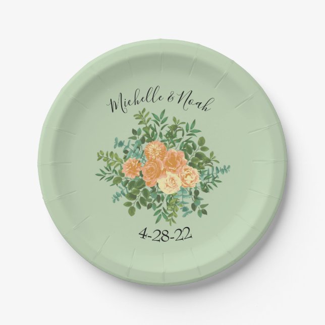 Peach Green Wedding Spring Pastel Floral Paper Plates (Front)