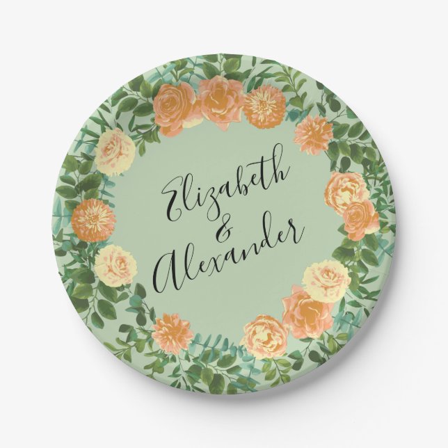 Peach Green Wedding Spring Pastel Floral Paper Plates (Front)
