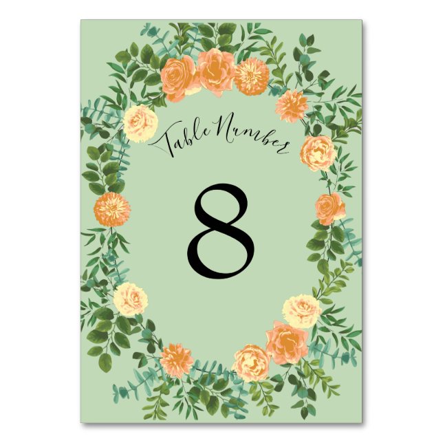 Peach Green Wedding Spring Pastel Floral Table Number (Back)