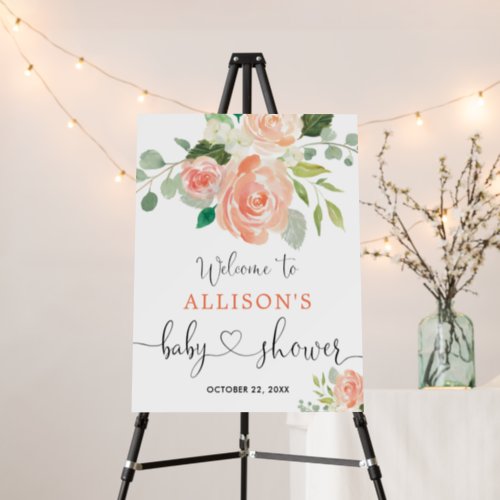 Peach greenery floral baby shower welcome sign