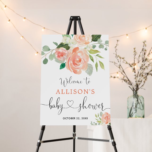 Peach greenery floral baby shower welcome sign (In Situ (Stand))