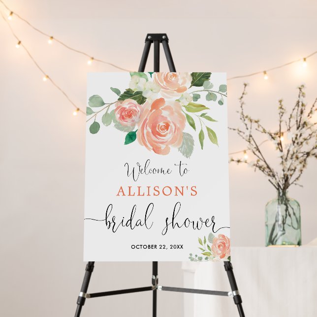 Peach greenery floral bridal shower welcome sign (In Situ (Stand))