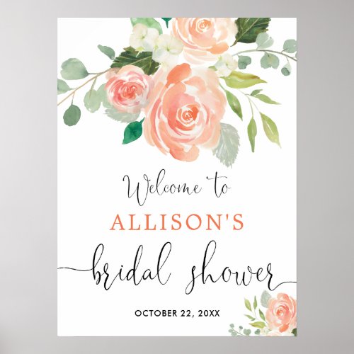 Peach greenery floral bridal shower welcome sign