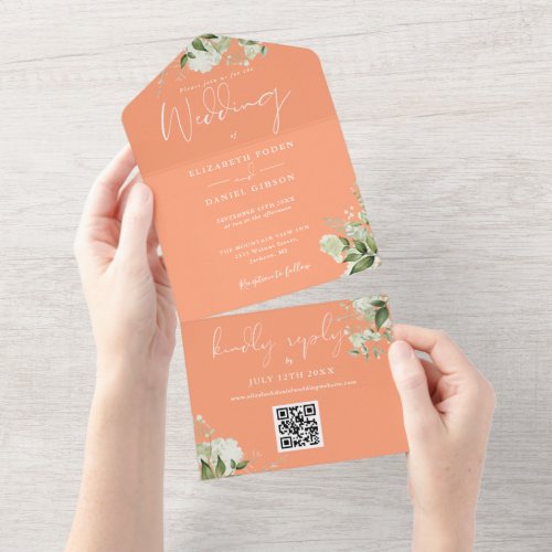 Peach Greenery Floral QR Code Monogram Wedding All In One Invitation