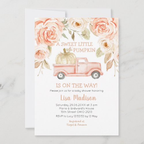 Peach Greenery Truck Baby Shower Girl Invitation