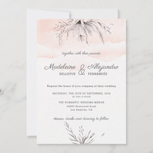 Peach  grey floral romantic elegant wedding invitation