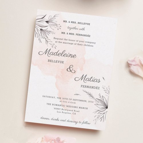 Peach  grey floral romantic elegant wedding  invitation