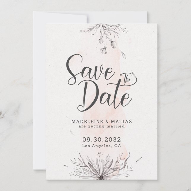 Peach & grey floral romantic elegant wedding save the date (Front)