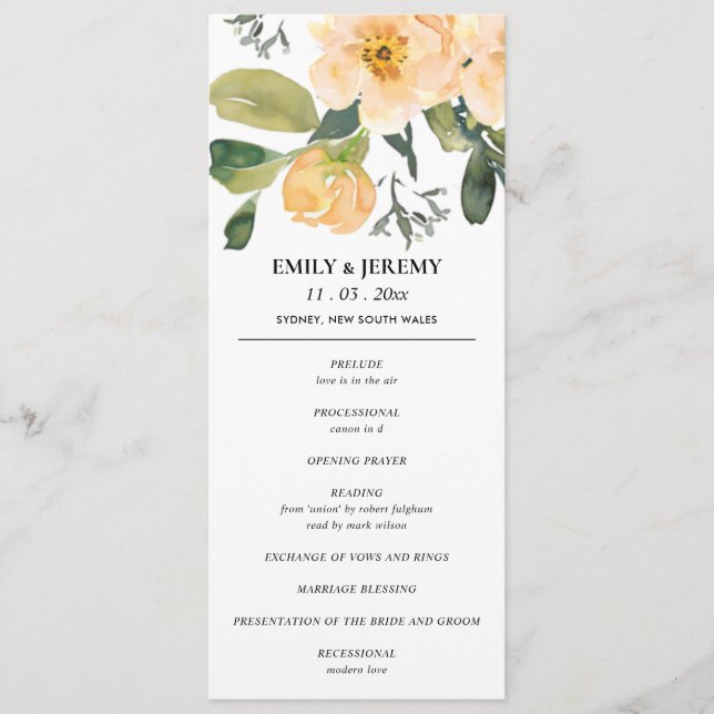 PEACH GREY PEONY FLORAL WATERCOLOR WEDDING PROGRAM (Front)