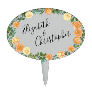 Peach & Grey Peony & Rose Floral Wedding Cake Topper