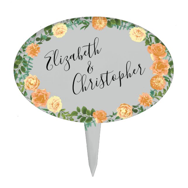 Peach & Grey Peony & Rose Floral Wedding Cake Topper (Front)