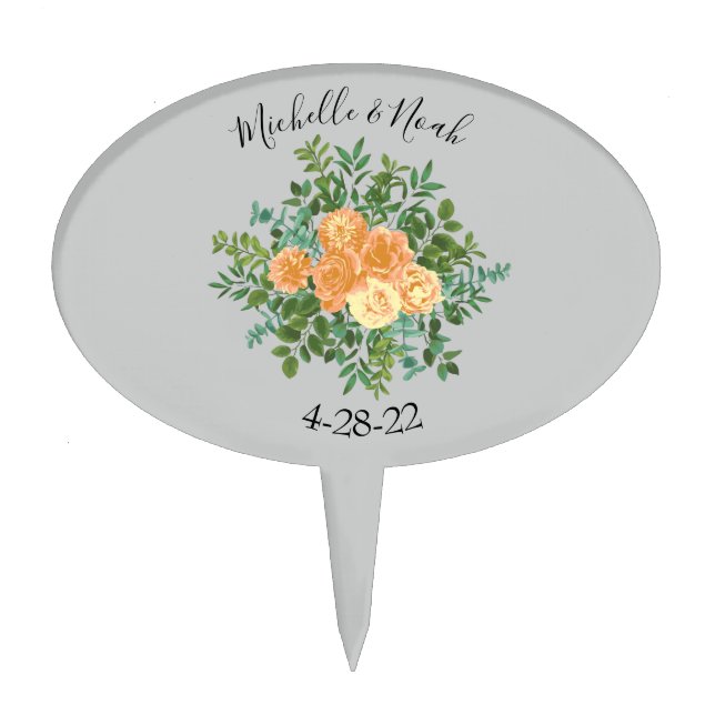 Peach & Grey Peony & Rose Floral Wedding Cake Topper (Front)