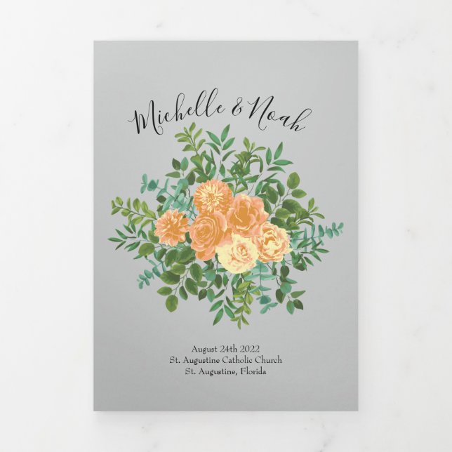 Peach & Grey Peony & Rose Floral Wedding Programs (Cover)