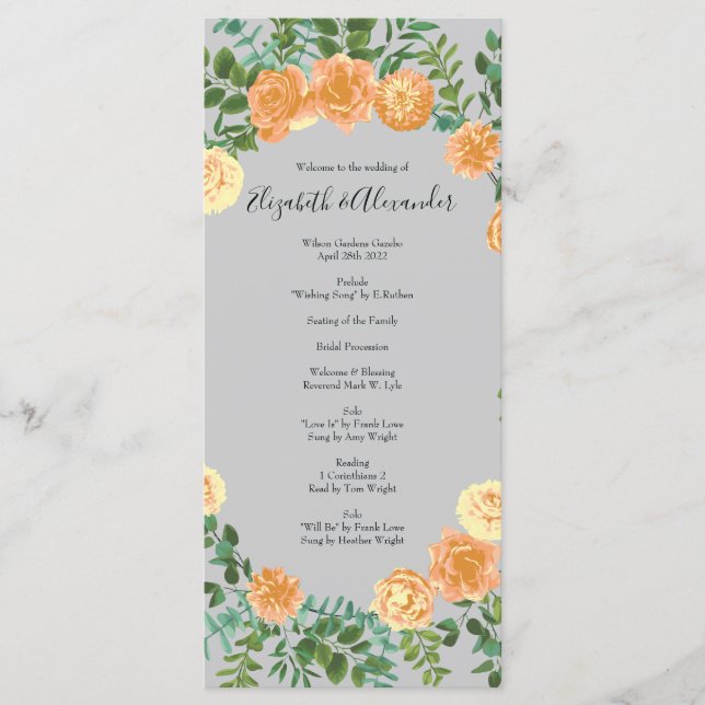 Peach & Grey Peony & Rose Floral Wedding Programs (Front)