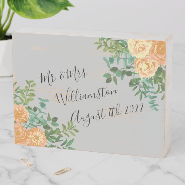 Peach & Grey Peony & Rose Floral Wedding Wooden Box Sign (In Situ Horizontal)