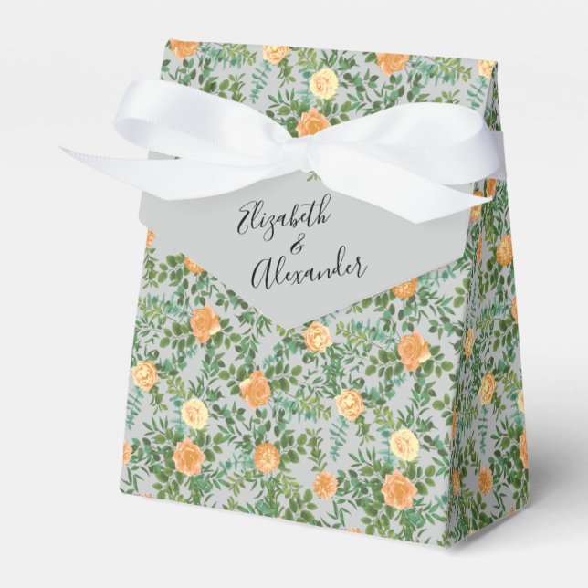 Peach Grey Wedding Spring Floral Favor Boxes (Front Side)